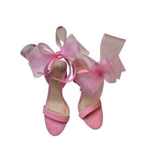 Pink Heeled Sandals With Large Tulle Bow Accent & Adjustable Ankle Strap